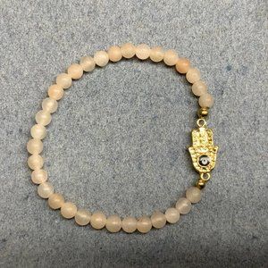 Hamsa Hand Eye Bracelet pale pink bead spotted Gold Stretch Retro BoHo Soft Girl
